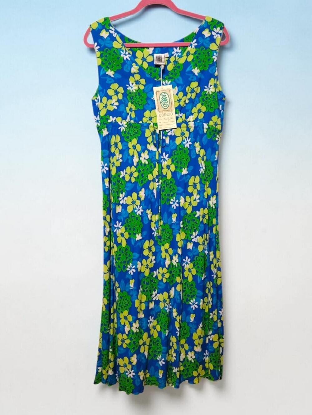 USINDO - Large Blue Floral Maxi Dress with Green & Yellow Blooms